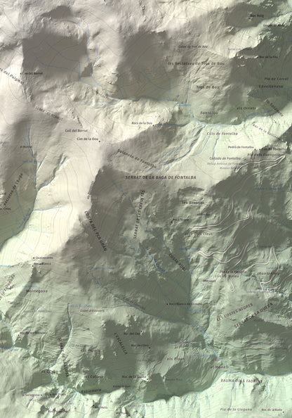 Mapa de relieve de Puigmal, 2910 m, Cerdanya Nord · Ripollès, lámina 100 Cims de Trobart. Detalle de la zona inferior derecha. 70 × 100 cm.