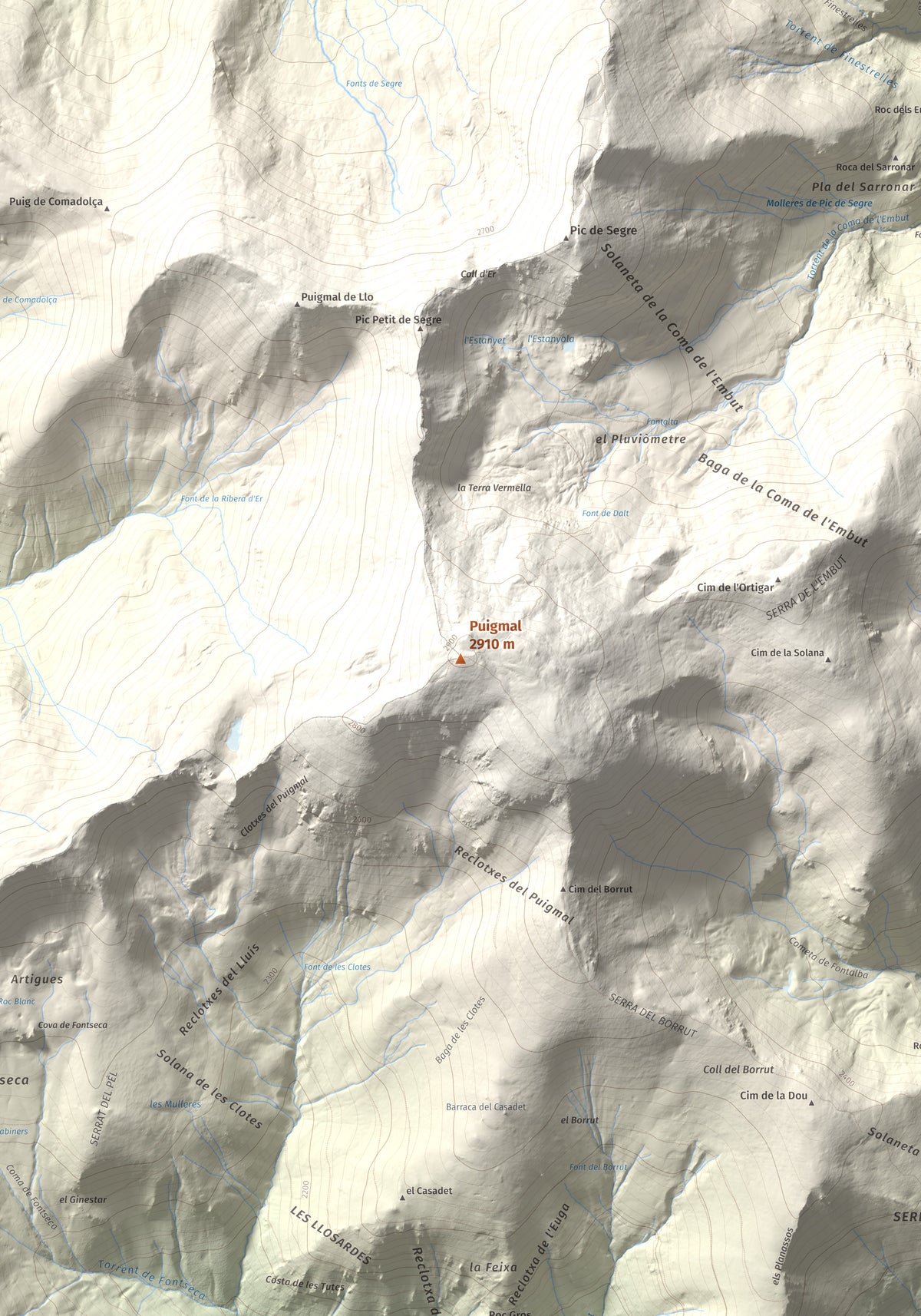 Mapa de relieve de Puigmal, 2910 m, Cerdanya Nord · Ripollès, lámina 100 Cims de Trobart. Detalle de la zona central. 70 × 100 cm.