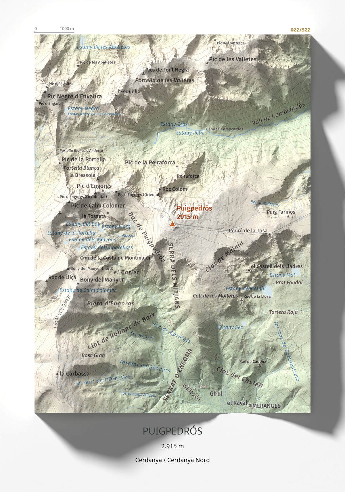 Mapa de relieve de Puigpedrós, 2915 m, Cerdanya · Cerdanya Nord, lámina 100 Cims de Trobart 21 × 30 cm.