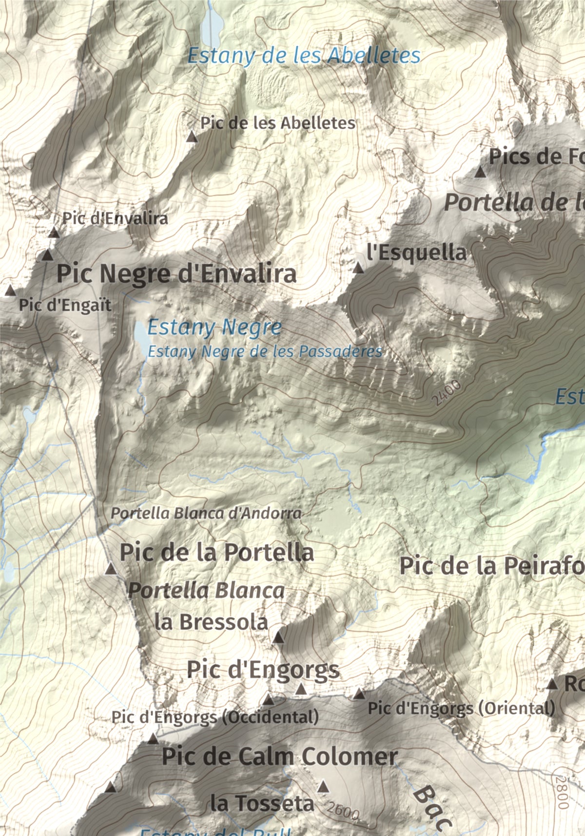 Mapa de relieve de Puigpedrós, 2915 m, Cerdanya · Cerdanya Nord, lámina 100 Cims de Trobart. Detalle de la zona superior izquierda. 21 × 30 cm.