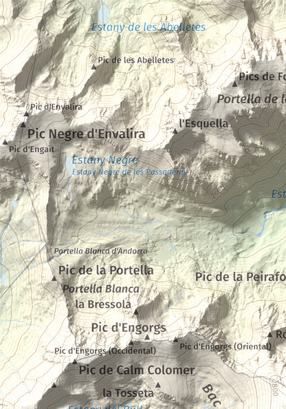 Mapa de relieve de Puigpedrós, 2915 m, Cerdanya · Cerdanya Nord, lámina 100 Cims de Trobart. Detalle de la zona superior izquierda. 21 × 30 cm.