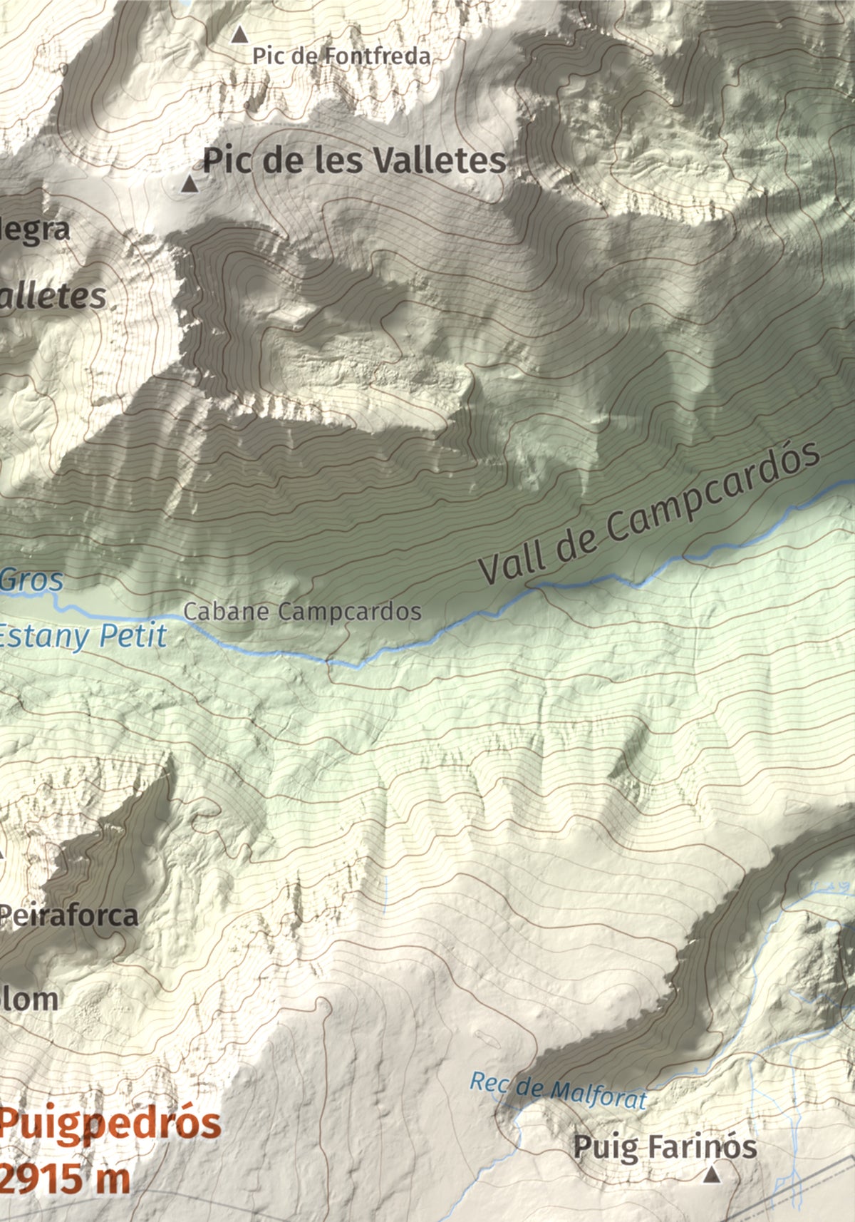 Mapa de relieve de Puigpedrós, 2915 m, Cerdanya · Cerdanya Nord, lámina 100 Cims de Trobart. Detalle de la zona superior derecha. 21 × 30 cm.
