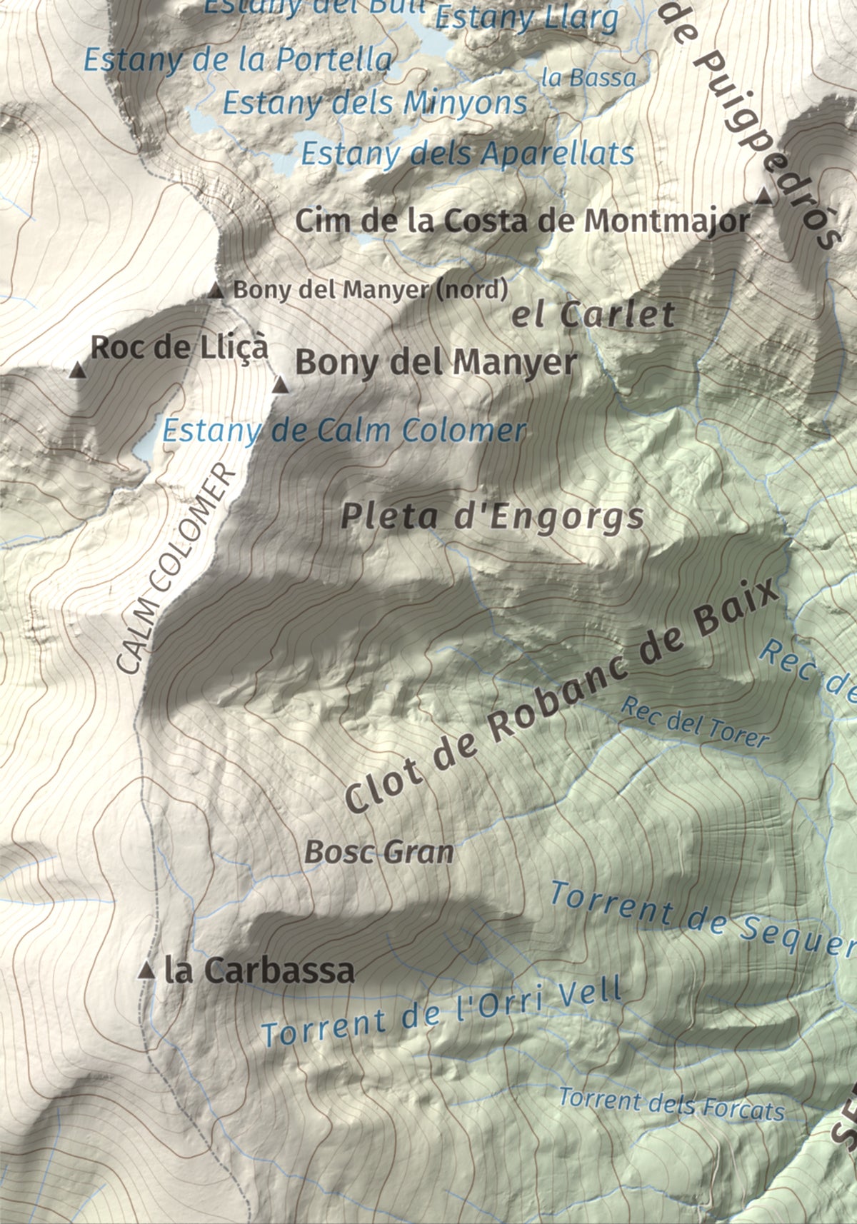Mapa de relieve de Puigpedrós, 2915 m, Cerdanya · Cerdanya Nord, lámina 100 Cims de Trobart. Detalle de la zona inferior izquierda. 21 × 30 cm.