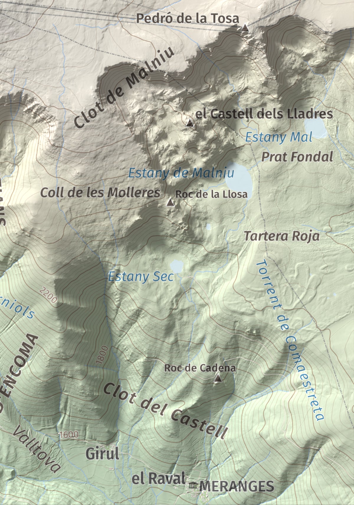 Mapa de relieve de Puigpedrós, 2915 m, Cerdanya · Cerdanya Nord, lámina 100 Cims de Trobart. Detalle de la zona inferior derecha. 21 × 30 cm.