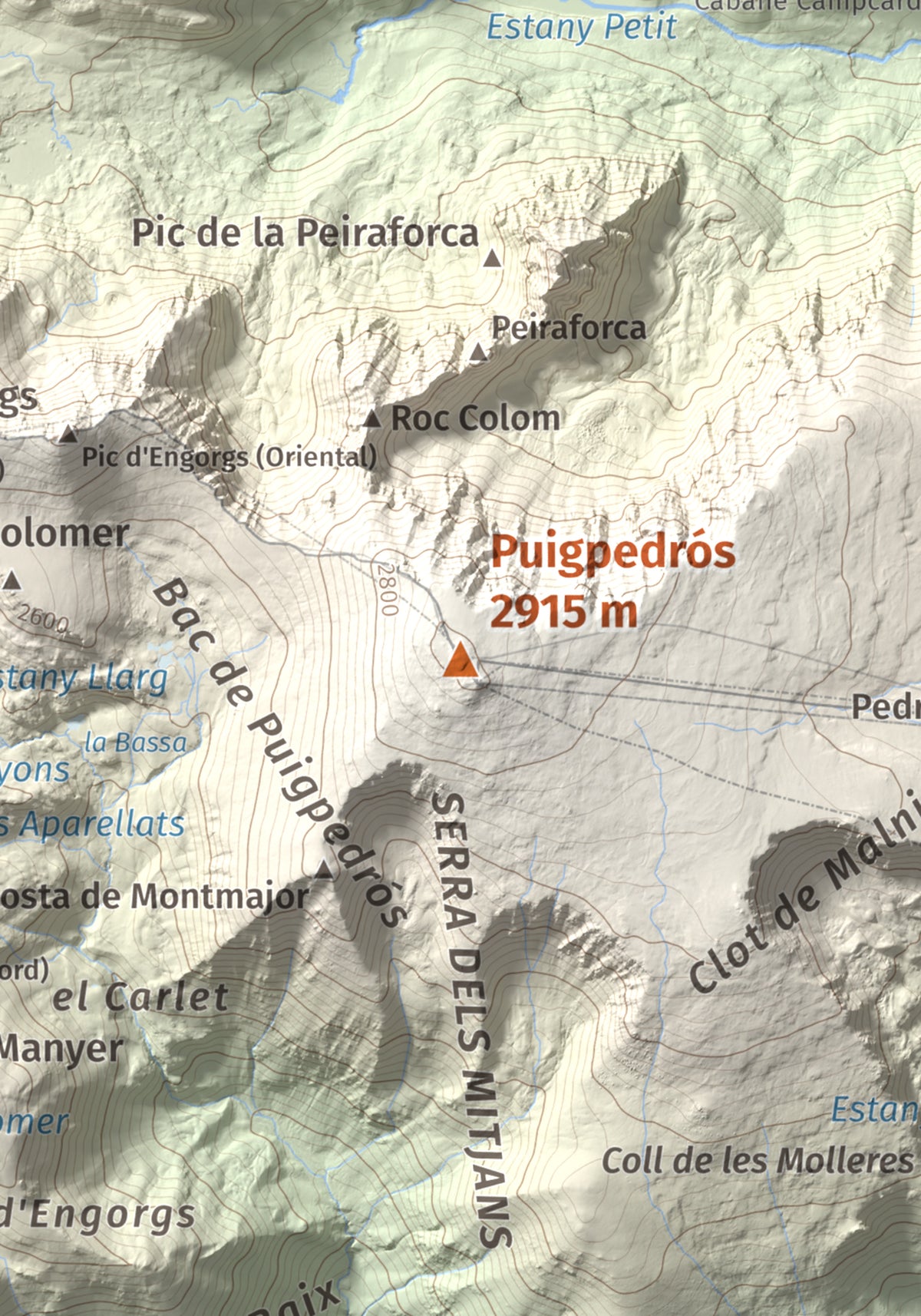 Mapa de relieve de Puigpedrós, 2915 m, Cerdanya · Cerdanya Nord, lámina 100 Cims de Trobart. Detalle de la zona central. 21 × 30 cm.