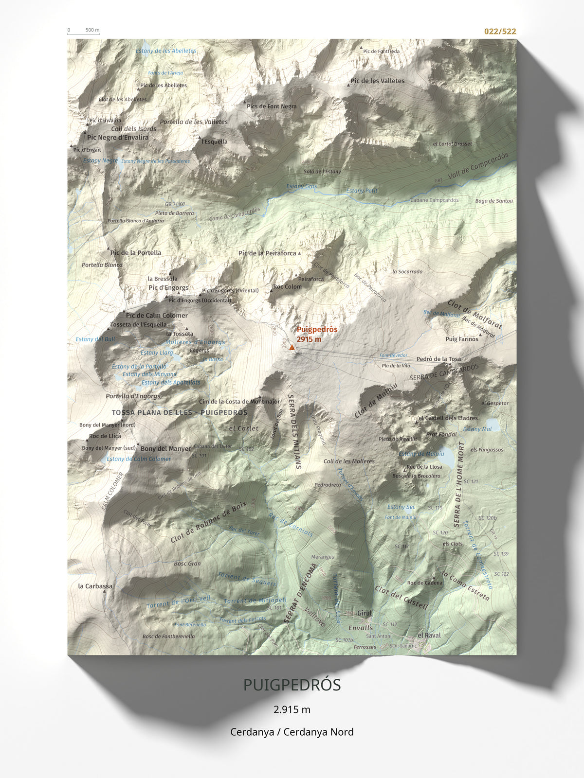 Mapa de relieve de Puigpedrós, 2915 m, Cerdanya · Cerdanya Nord, lámina 100 Cims de Trobart 30 × 40 cm.