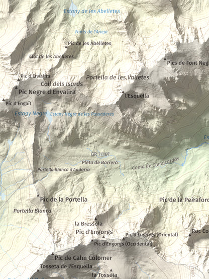 Mapa de relieve de Puigpedrós, 2915 m, Cerdanya · Cerdanya Nord, lámina 100 Cims de Trobart. Detalle de la zona superior izquierda. 30 × 40 cm.