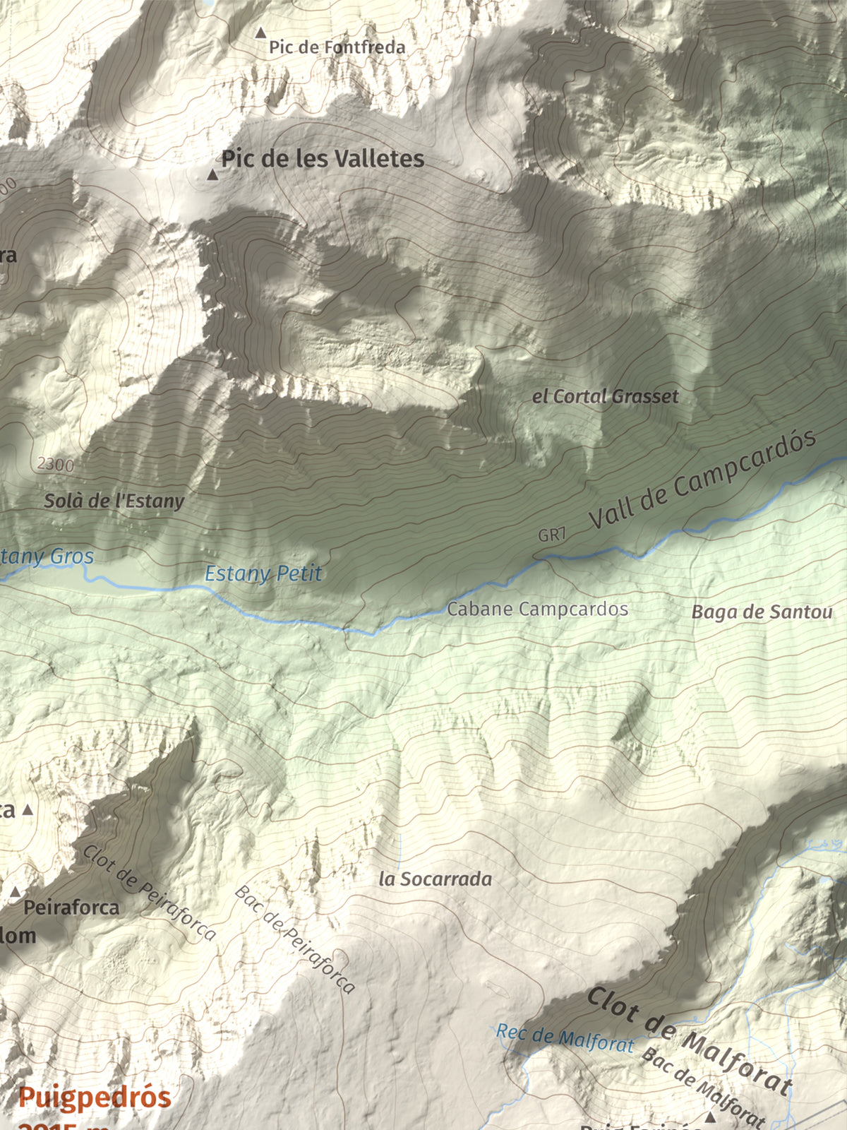 Mapa de relieve de Puigpedrós, 2915 m, Cerdanya · Cerdanya Nord, lámina 100 Cims de Trobart. Detalle de la zona superior derecha. 30 × 40 cm.
