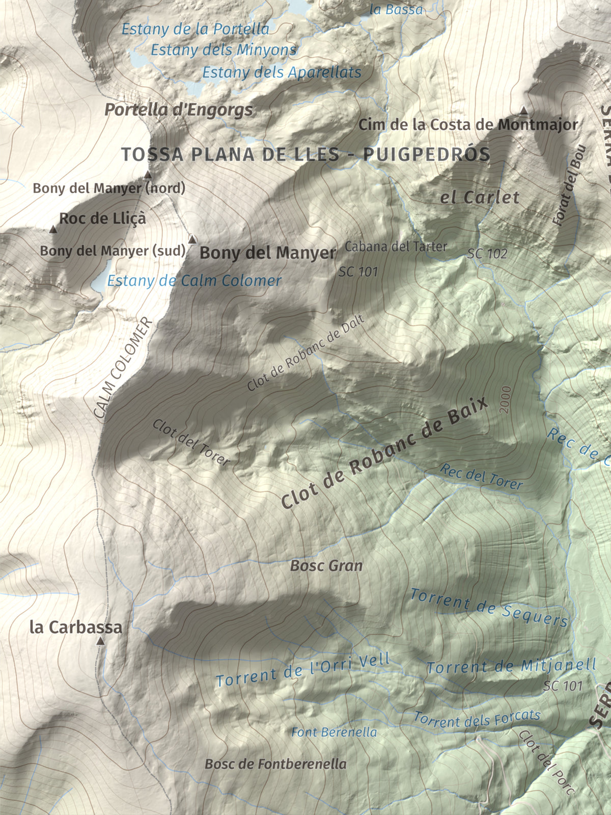 Mapa de relieve de Puigpedrós, 2915 m, Cerdanya · Cerdanya Nord, lámina 100 Cims de Trobart. Detalle de la zona inferior izquierda. 30 × 40 cm.