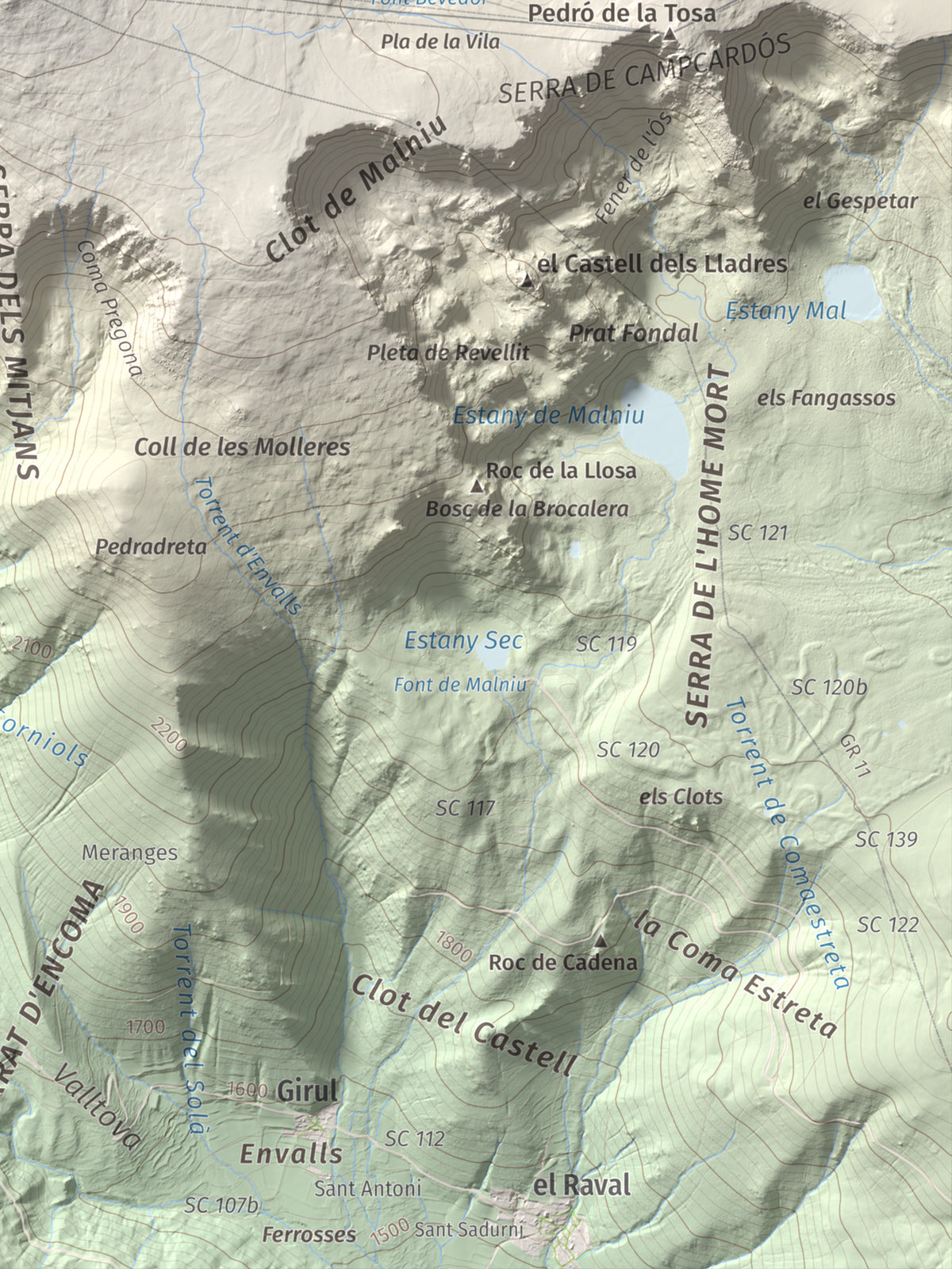 Mapa de relieve de Puigpedrós, 2915 m, Cerdanya · Cerdanya Nord, lámina 100 Cims de Trobart. Detalle de la zona inferior derecha. 30 × 40 cm.