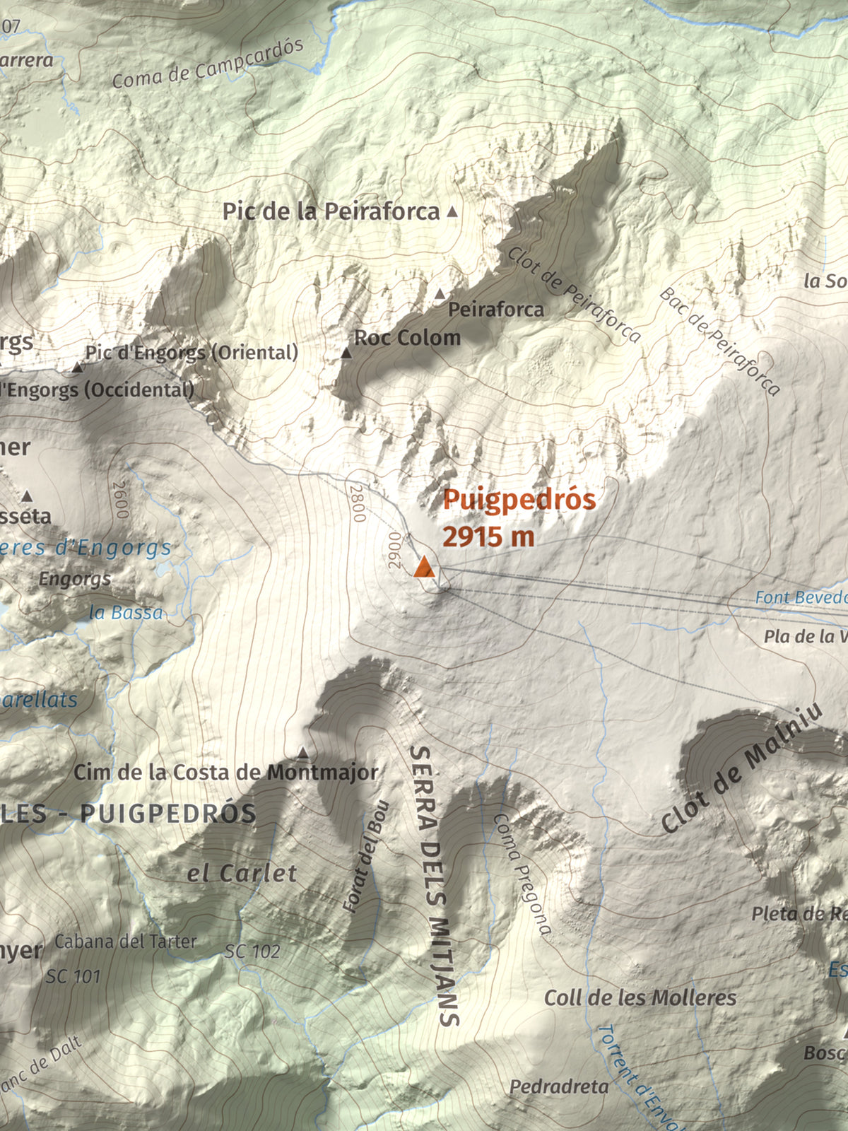 Mapa de relieve de Puigpedrós, 2915 m, Cerdanya · Cerdanya Nord, lámina 100 Cims de Trobart. Detalle de la zona central. 30 × 40 cm.