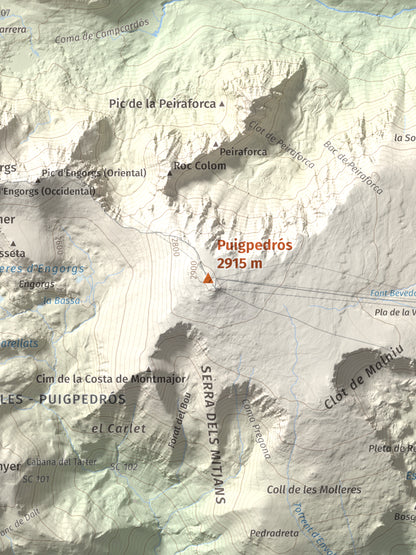 Mapa de relieve de Puigpedrós, 2915 m, Cerdanya · Cerdanya Nord, lámina 100 Cims de Trobart. Detalle de la zona central. 30 × 40 cm.