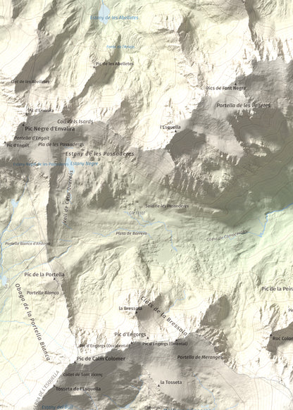 Mapa de relieve de Puigpedrós, 2915 m, Cerdanya · Cerdanya Nord, lámina 100 Cims de Trobart. Detalle de la zona superior izquierda. 50 × 70 cm.