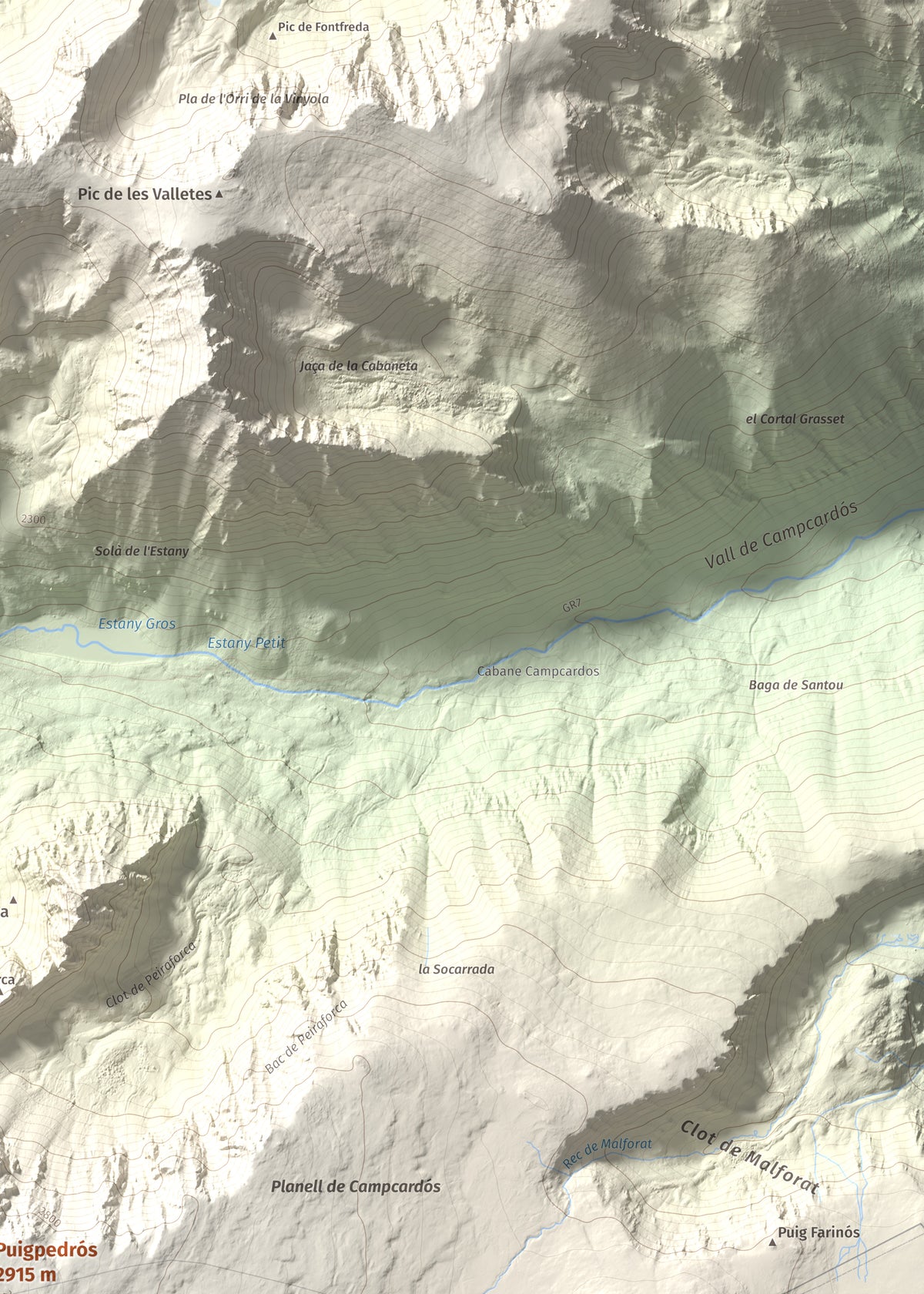 Mapa de relieve de Puigpedrós, 2915 m, Cerdanya · Cerdanya Nord, lámina 100 Cims de Trobart. Detalle de la zona superior derecha. 50 × 70 cm.