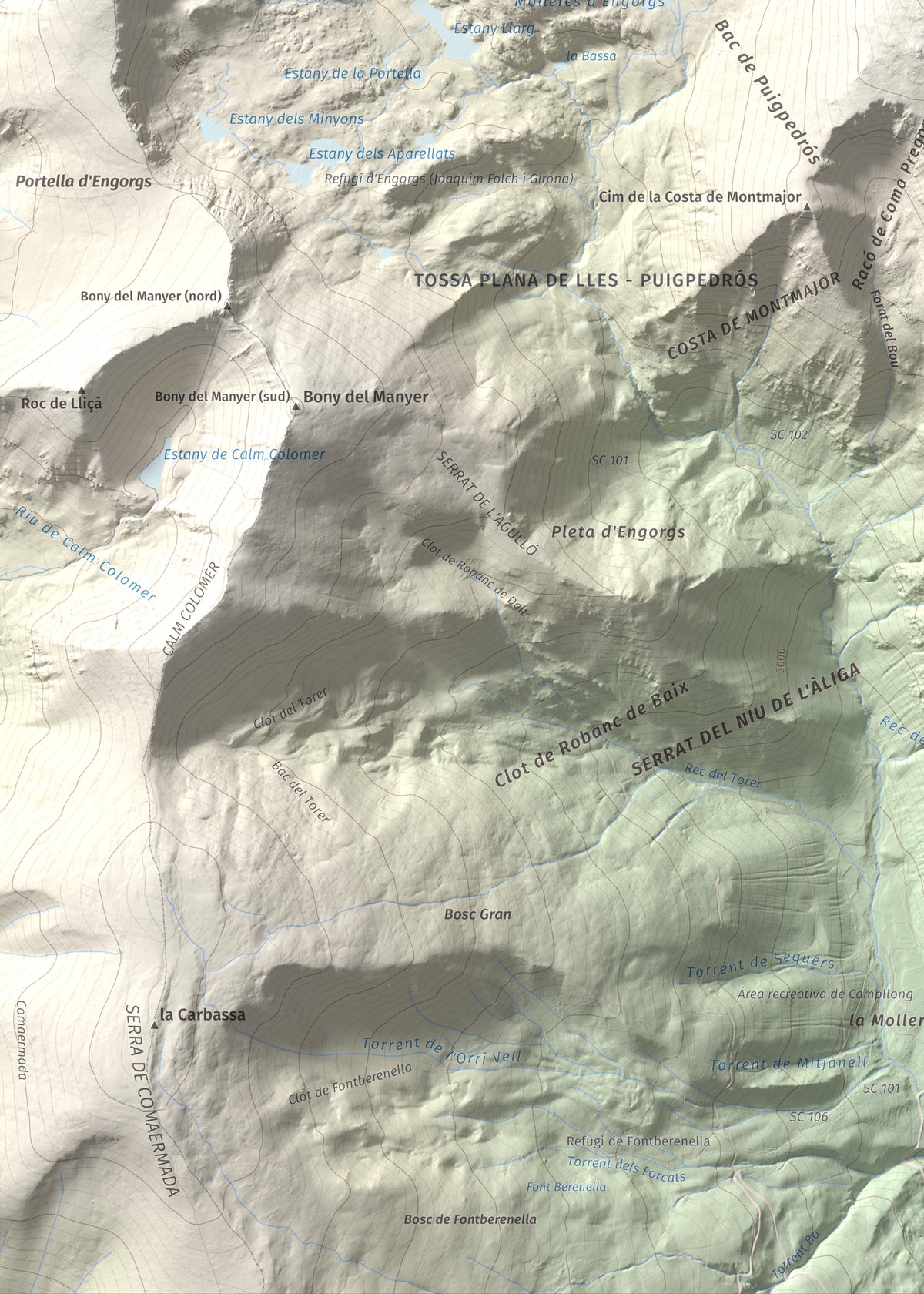 Mapa de relieve de Puigpedrós, 2915 m, Cerdanya · Cerdanya Nord, lámina 100 Cims de Trobart. Detalle de la zona inferior izquierda. 50 × 70 cm.