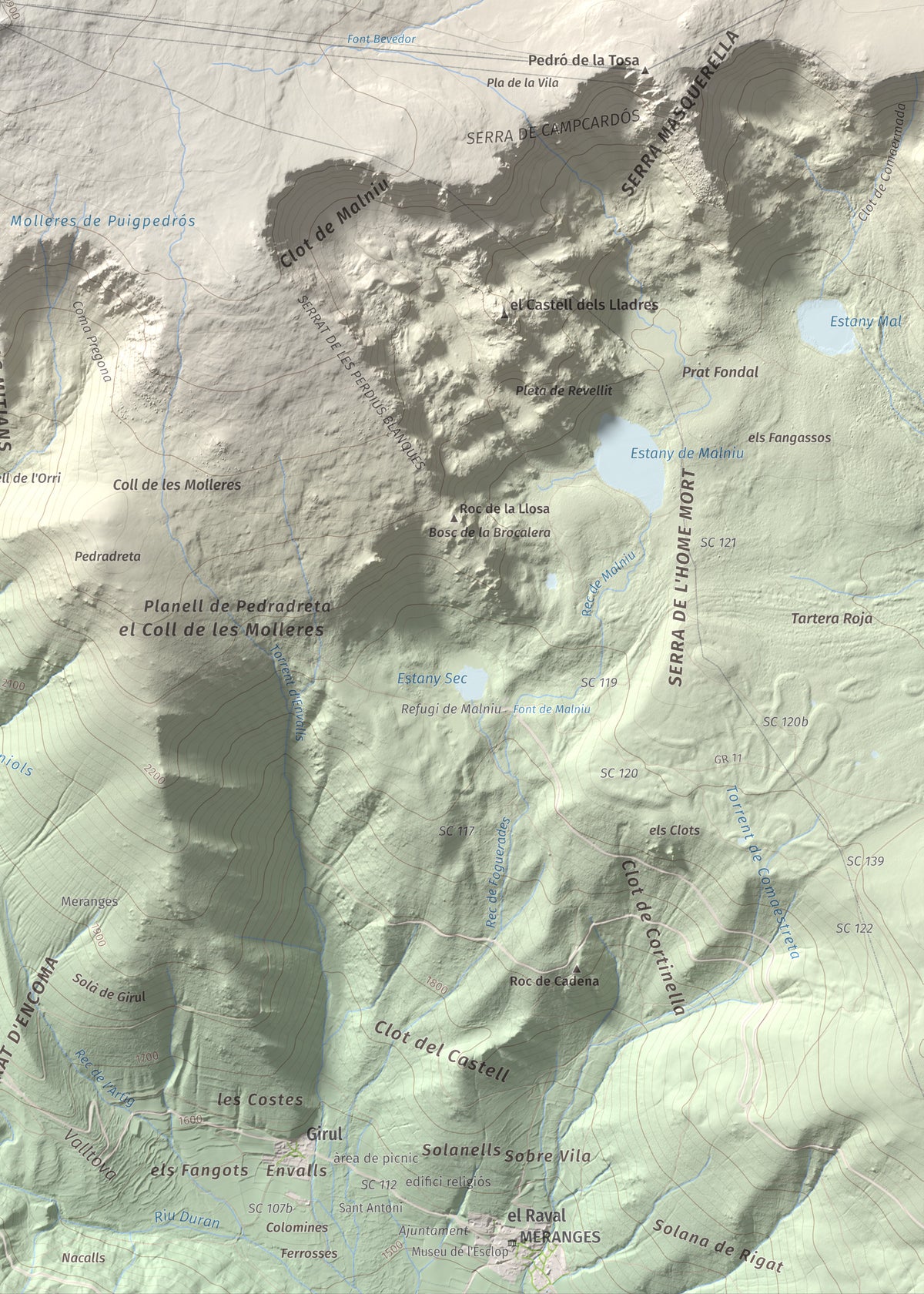 Mapa de relieve de Puigpedrós, 2915 m, Cerdanya · Cerdanya Nord, lámina 100 Cims de Trobart. Detalle de la zona inferior derecha. 50 × 70 cm.