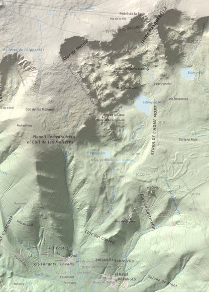 Mapa de relieve de Puigpedrós, 2915 m, Cerdanya · Cerdanya Nord, lámina 100 Cims de Trobart. Detalle de la zona inferior derecha. 50 × 70 cm.