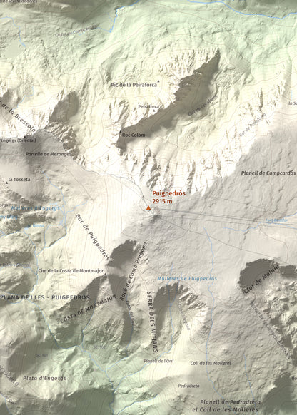 Mapa de relieve de Puigpedrós, 2915 m, Cerdanya · Cerdanya Nord, lámina 100 Cims de Trobart. Detalle de la zona central. 50 × 70 cm.