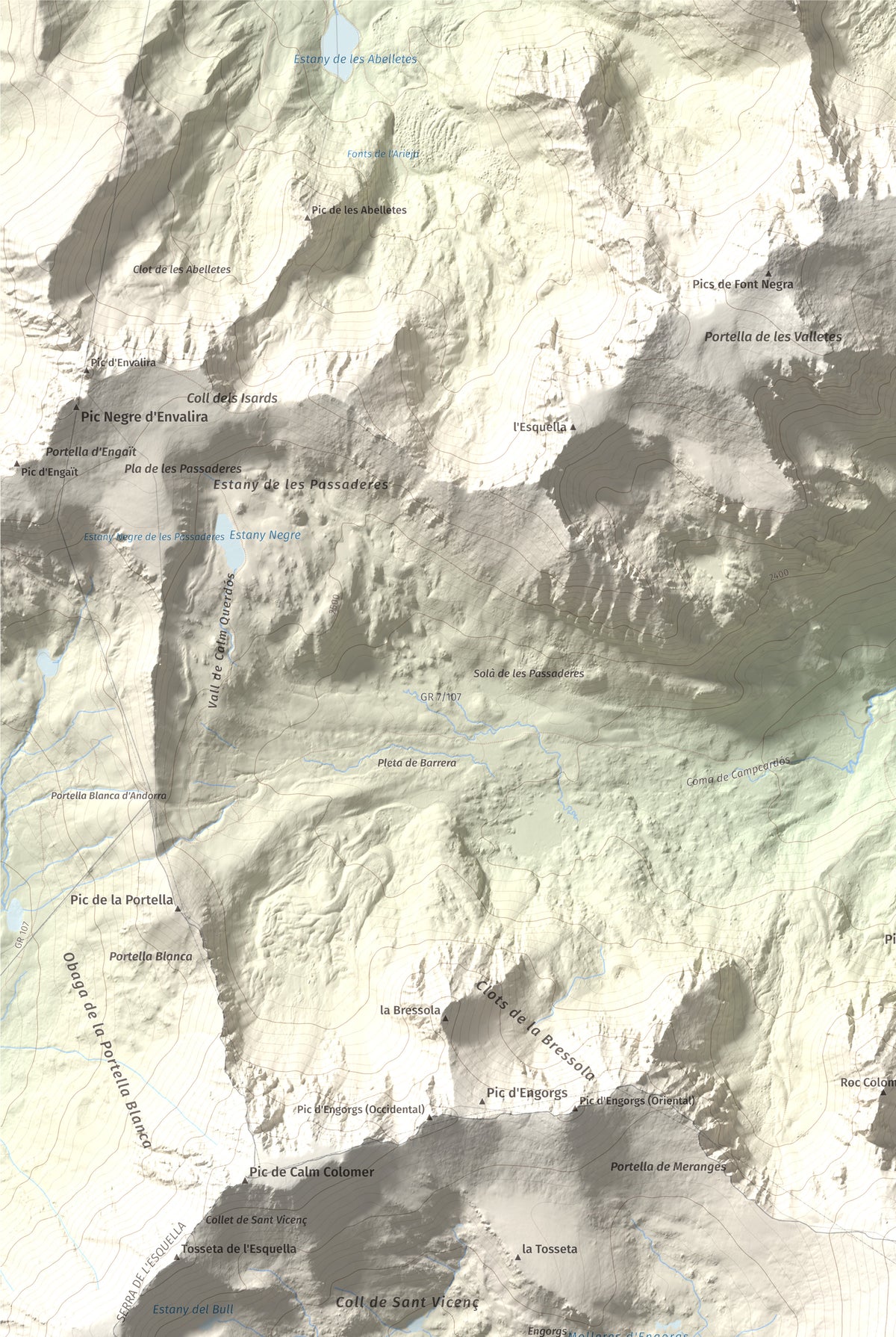 Mapa de relieve de Puigpedrós, 2915 m, Cerdanya · Cerdanya Nord, lámina 100 Cims de Trobart. Detalle de la zona superior izquierda. 61 × 91 cm.