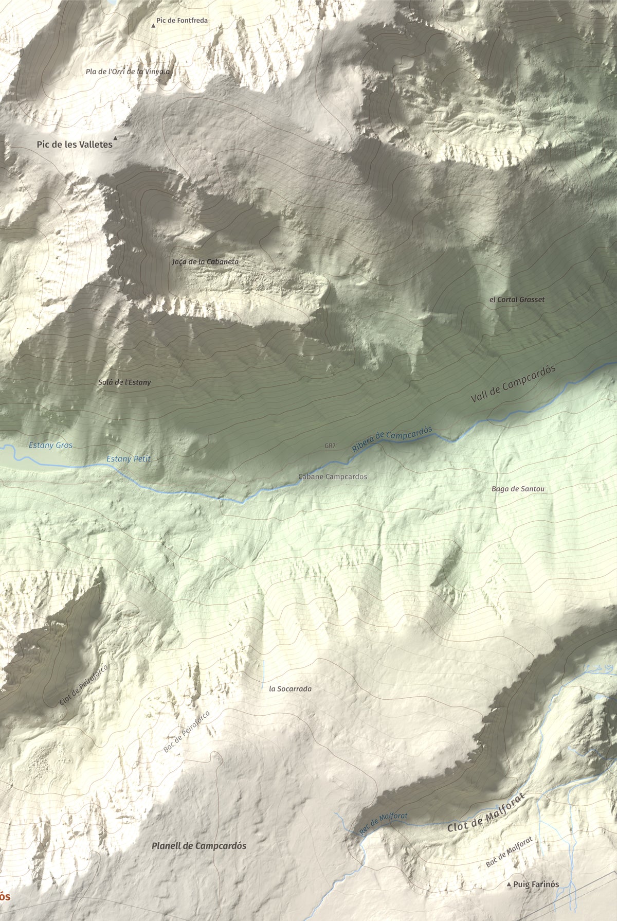 Mapa de relieve de Puigpedrós, 2915 m, Cerdanya · Cerdanya Nord, lámina 100 Cims de Trobart. Detalle de la zona superior derecha. 61 × 91 cm.