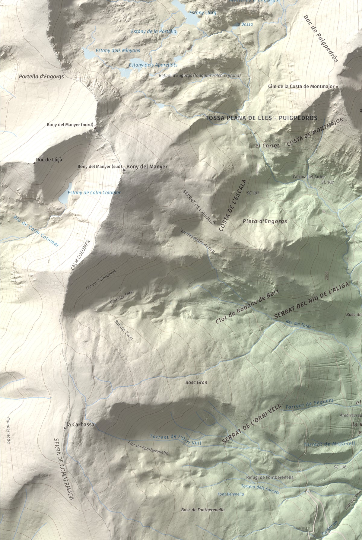 Mapa de relieve de Puigpedrós, 2915 m, Cerdanya · Cerdanya Nord, lámina 100 Cims de Trobart. Detalle de la zona inferior izquierda. 61 × 91 cm.
