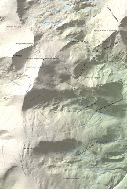 Mapa de relieve de Puigpedrós, 2915 m, Cerdanya · Cerdanya Nord, lámina 100 Cims de Trobart. Detalle de la zona inferior izquierda. 61 × 91 cm.