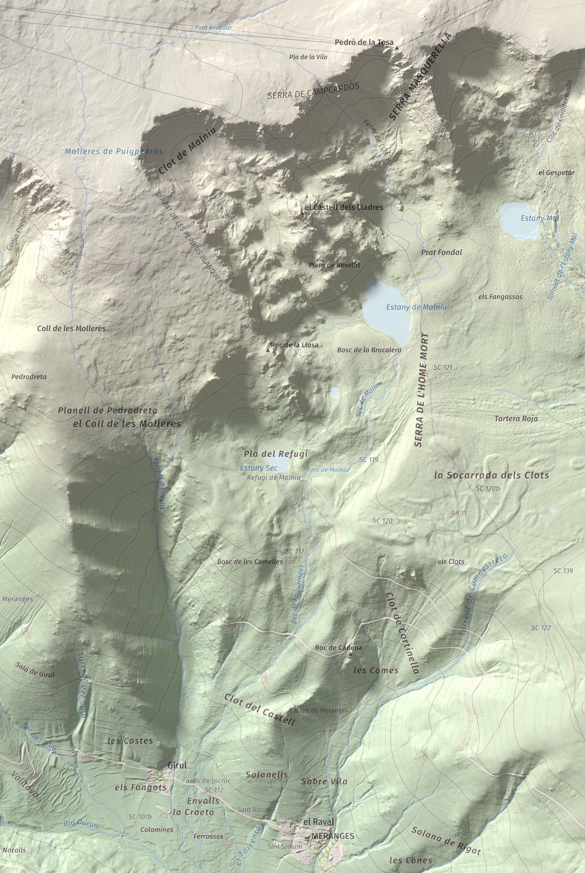 Mapa de relieve de Puigpedrós, 2915 m, Cerdanya · Cerdanya Nord, lámina 100 Cims de Trobart. Detalle de la zona inferior derecha. 61 × 91 cm.