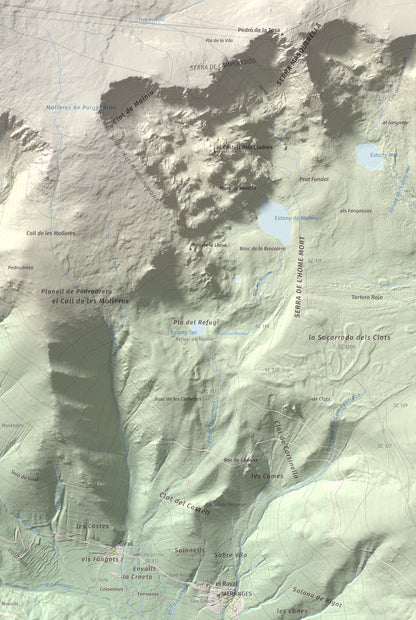 Mapa de relieve de Puigpedrós, 2915 m, Cerdanya · Cerdanya Nord, lámina 100 Cims de Trobart. Detalle de la zona inferior derecha. 61 × 91 cm.