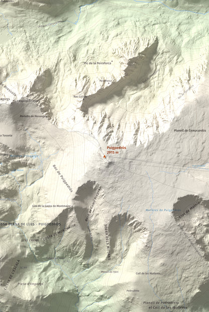 Mapa de relieve de Puigpedrós, 2915 m, Cerdanya · Cerdanya Nord, lámina 100 Cims de Trobart. Detalle de la zona central. 61 × 91 cm.