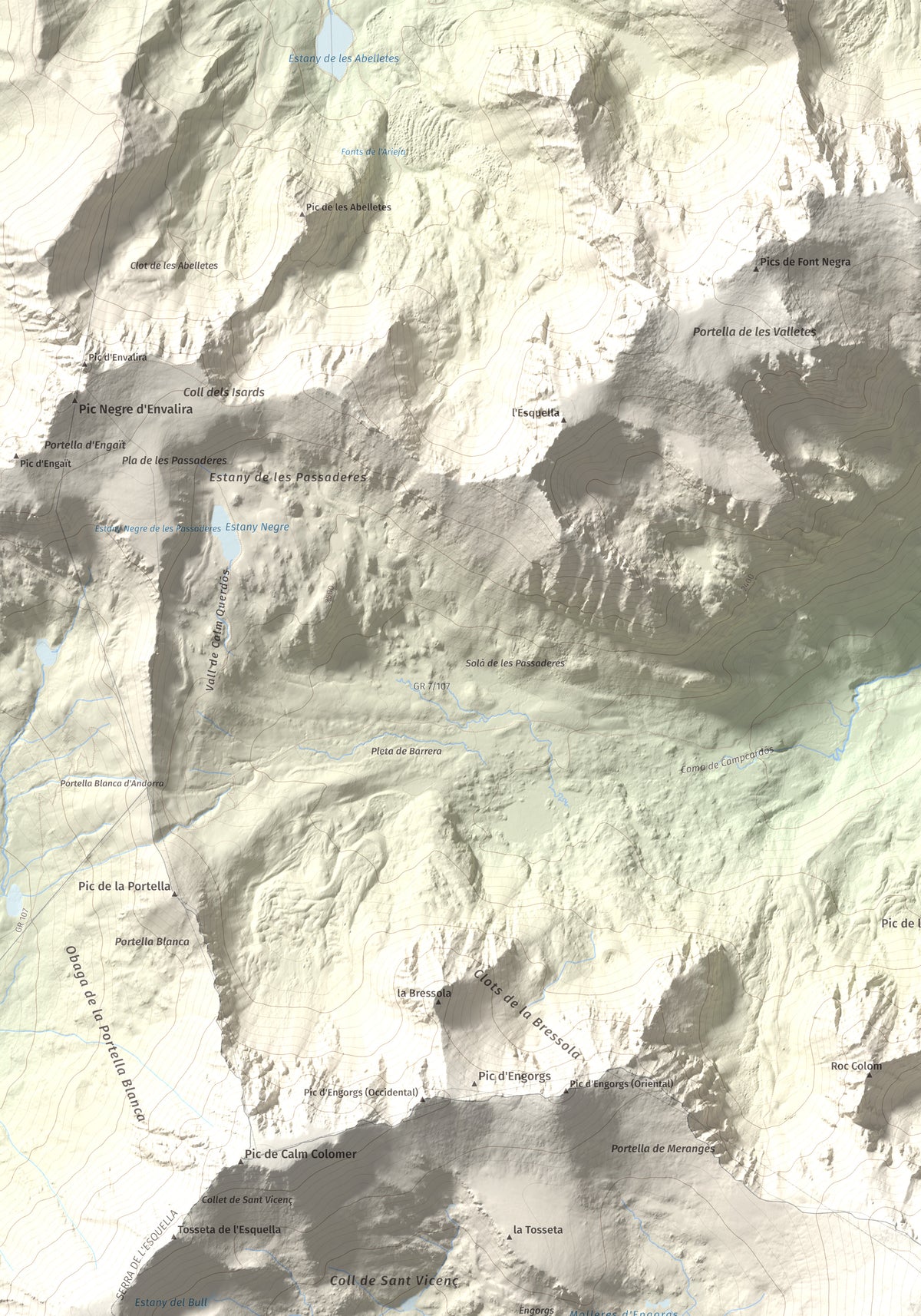 Mapa de relieve de Puigpedrós, 2915 m, Cerdanya · Cerdanya Nord, lámina 100 Cims de Trobart. Detalle de la zona superior izquierda. 70 × 100 cm.