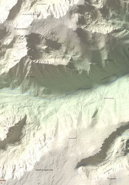 Mapa de relieve de Puigpedrós, 2915 m, Cerdanya · Cerdanya Nord, lámina 100 Cims de Trobart. Detalle de la zona superior derecha. 70 × 100 cm.