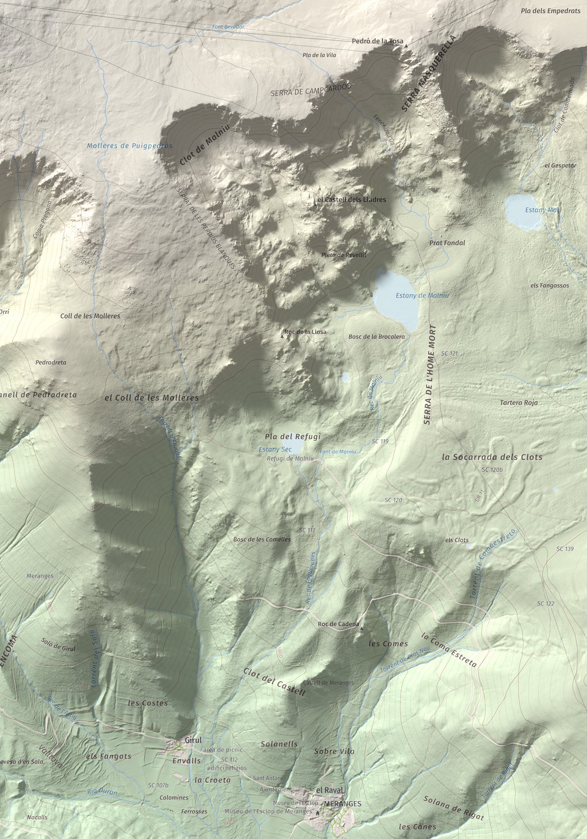 Mapa de relieve de Puigpedrós, 2915 m, Cerdanya · Cerdanya Nord, lámina 100 Cims de Trobart. Detalle de la zona inferior derecha. 70 × 100 cm.