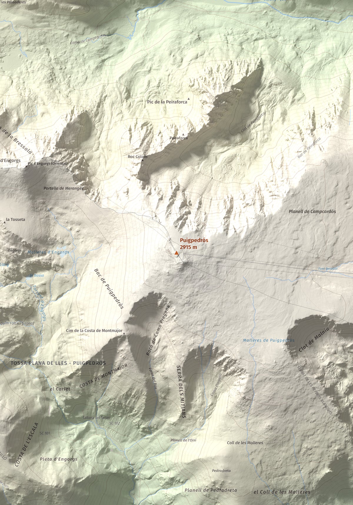 Mapa de relieve de Puigpedrós, 2915 m, Cerdanya · Cerdanya Nord, lámina 100 Cims de Trobart. Detalle de la zona central. 70 × 100 cm.