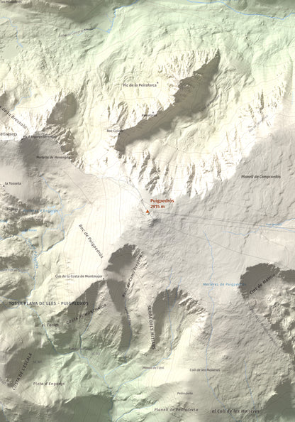 Mapa de relieve de Puigpedrós, 2915 m, Cerdanya · Cerdanya Nord, lámina 100 Cims de Trobart. Detalle de la zona central. 70 × 100 cm.