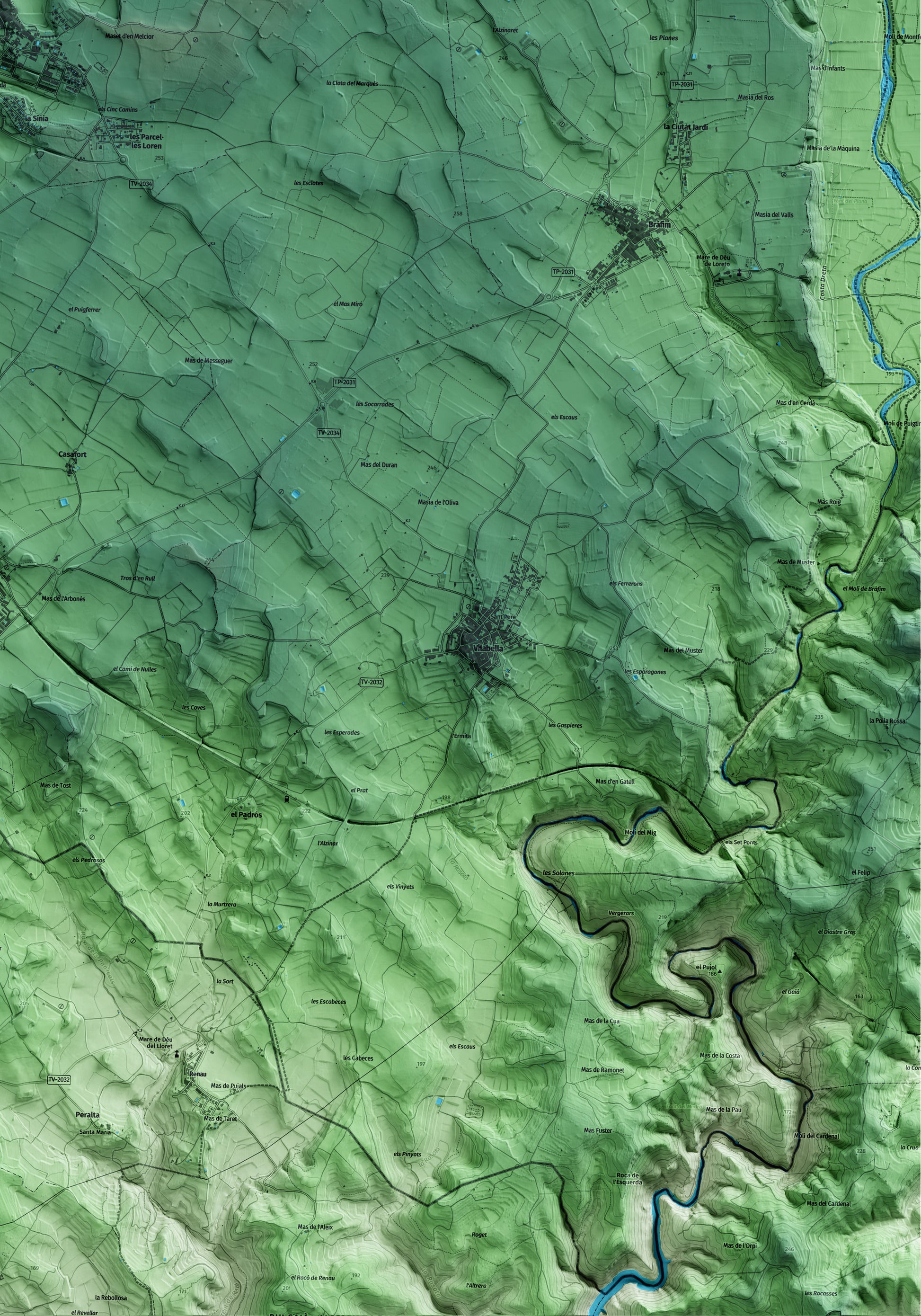 Mapa artístico del relieve de Puigpelat, al Alt Camp, con 15 km de entorno y base topográfica ICGC. Detalle de la zona inferior derecha.