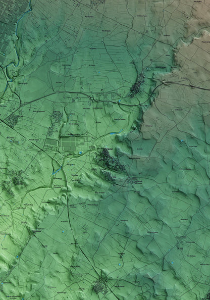 Mapa artístico del relieve de Puigpelat, al Alt Camp, con 15 km de entorno y base topográfica ICGC. Detalle de la zona central.