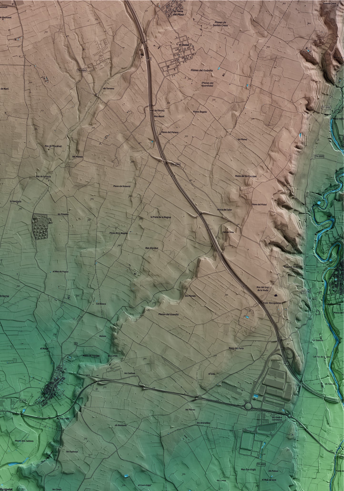 Mapa artístico del relieve de Puigpelat, al Alt Camp, con 15 km de entorno y base topográfica ICGC. Detalle de la zona superior derecha.