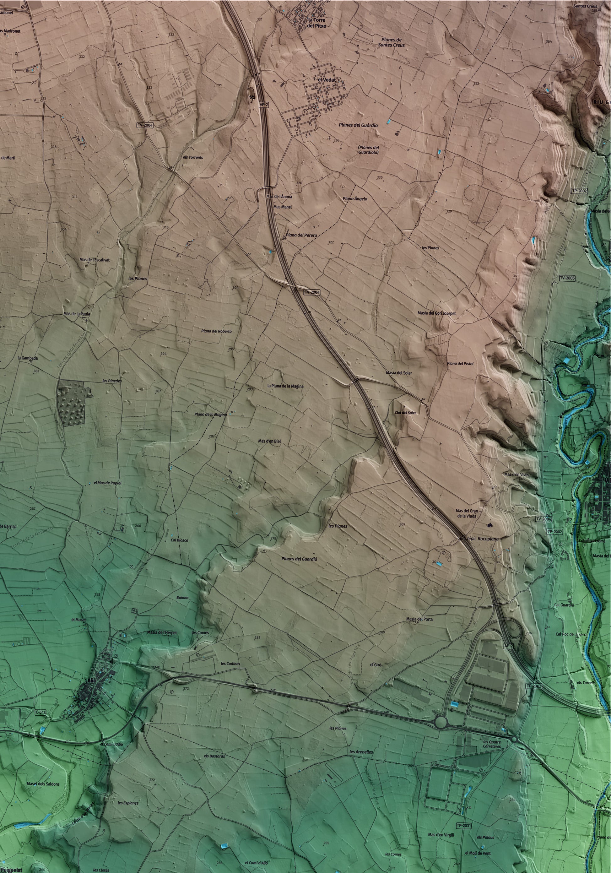 Mapa artístico del relieve de Puigpelat, al Alt Camp, con 15 km de entorno y base topográfica ICGC. Detalle de la zona superior derecha.
