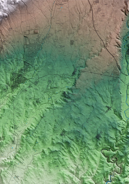Mapa artístico del relieve de Puigpelat, al Alt Camp, con 15 km de entorno y base topográfica ICGC