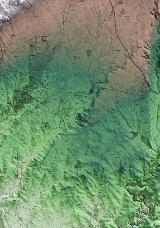 Mapa artístico del relieve de Puigpelat, al Alt Camp, con 15 km de entorno y base topográfica ICGC
