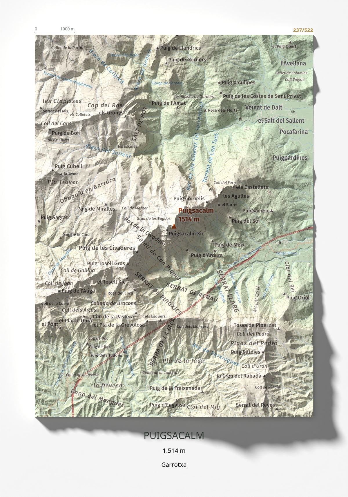 Mapa de relieve de Puigsacalm, 1514 m, Garrotxa, lámina 100 Cims de Trobart 21 × 30 cm.