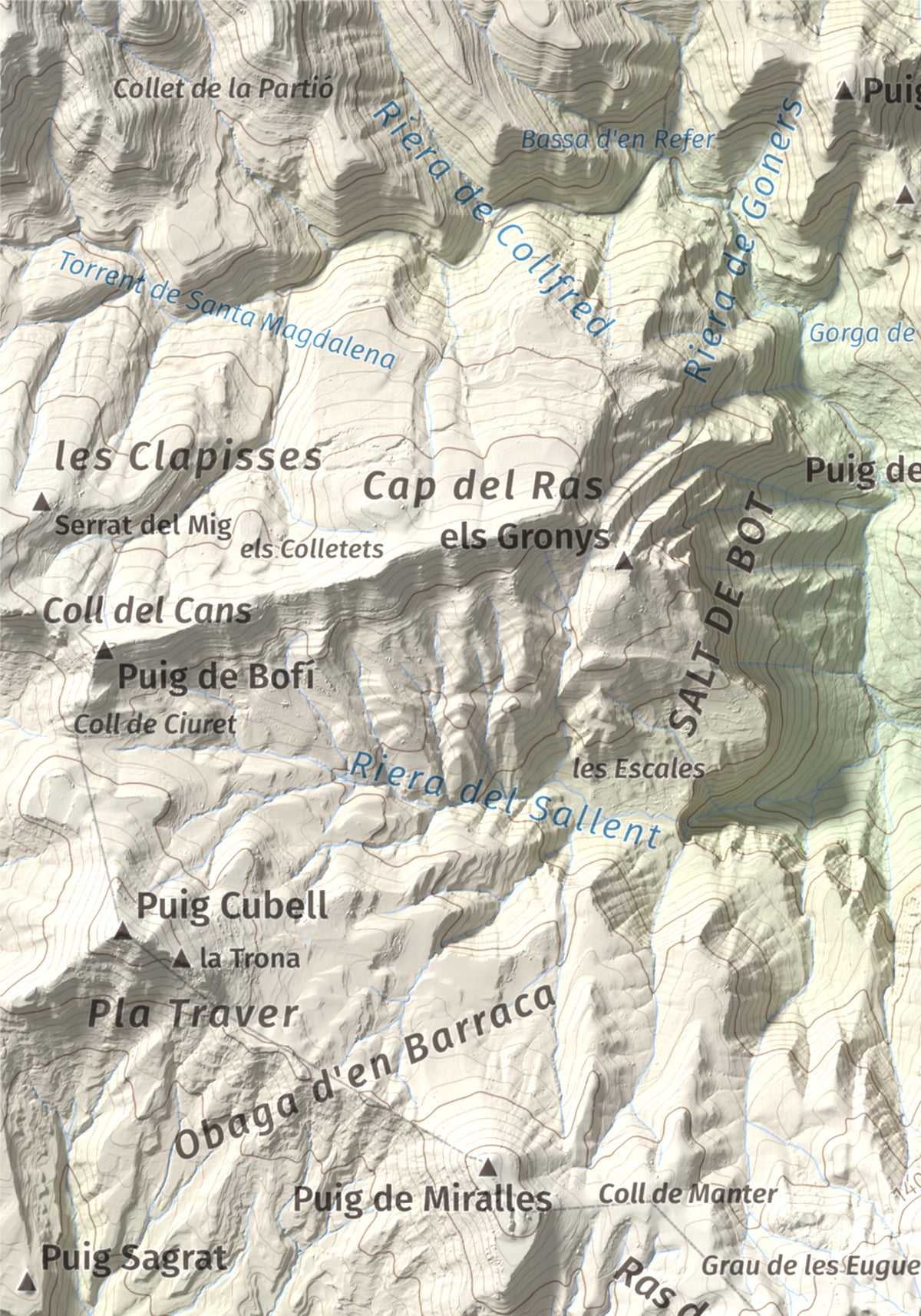 Mapa de relieve de Puigsacalm, 1514 m, Garrotxa, lámina 100 Cims de Trobart. Detalle de la zona superior izquierda. 21 × 30 cm.
