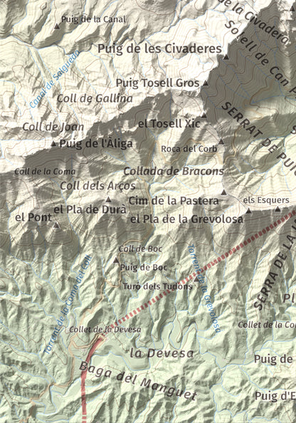Mapa de relieve de Puigsacalm, 1514 m, Garrotxa, lámina 100 Cims de Trobart. Detalle de la zona inferior izquierda. 21 × 30 cm.