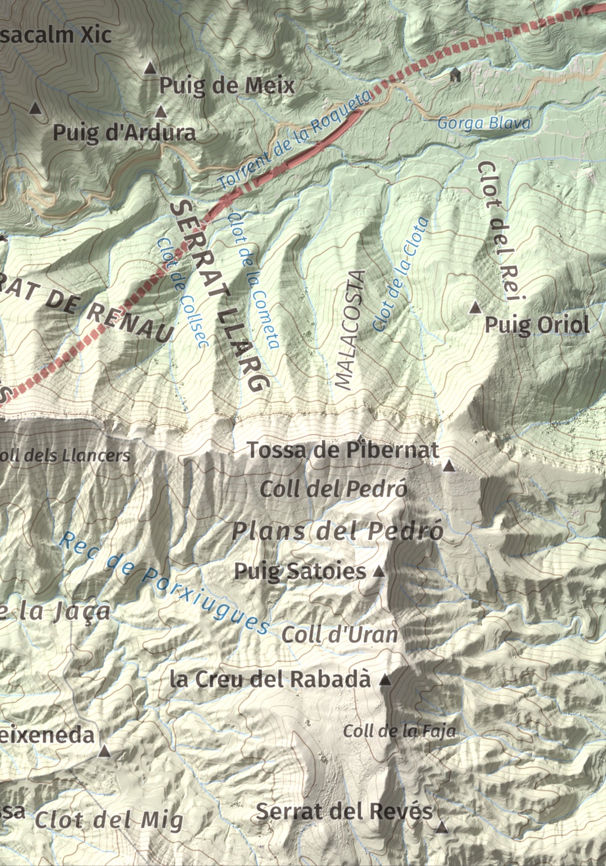 Mapa de relieve de Puigsacalm, 1514 m, Garrotxa, lámina 100 Cims de Trobart. Detalle de la zona inferior derecha. 21 × 30 cm.