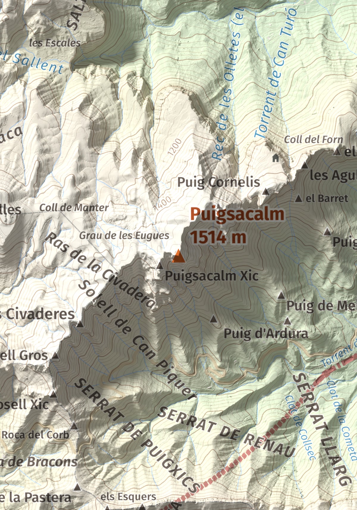 Mapa de relieve de Puigsacalm, 1514 m, Garrotxa, lámina 100 Cims de Trobart. Detalle de la zona central. 21 × 30 cm.