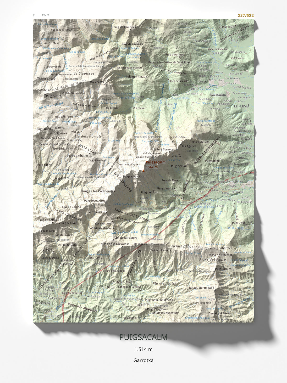 Mapa de relieve de Puigsacalm, 1514 m, Garrotxa, lámina 100 Cims de Trobart 30 × 40 cm.