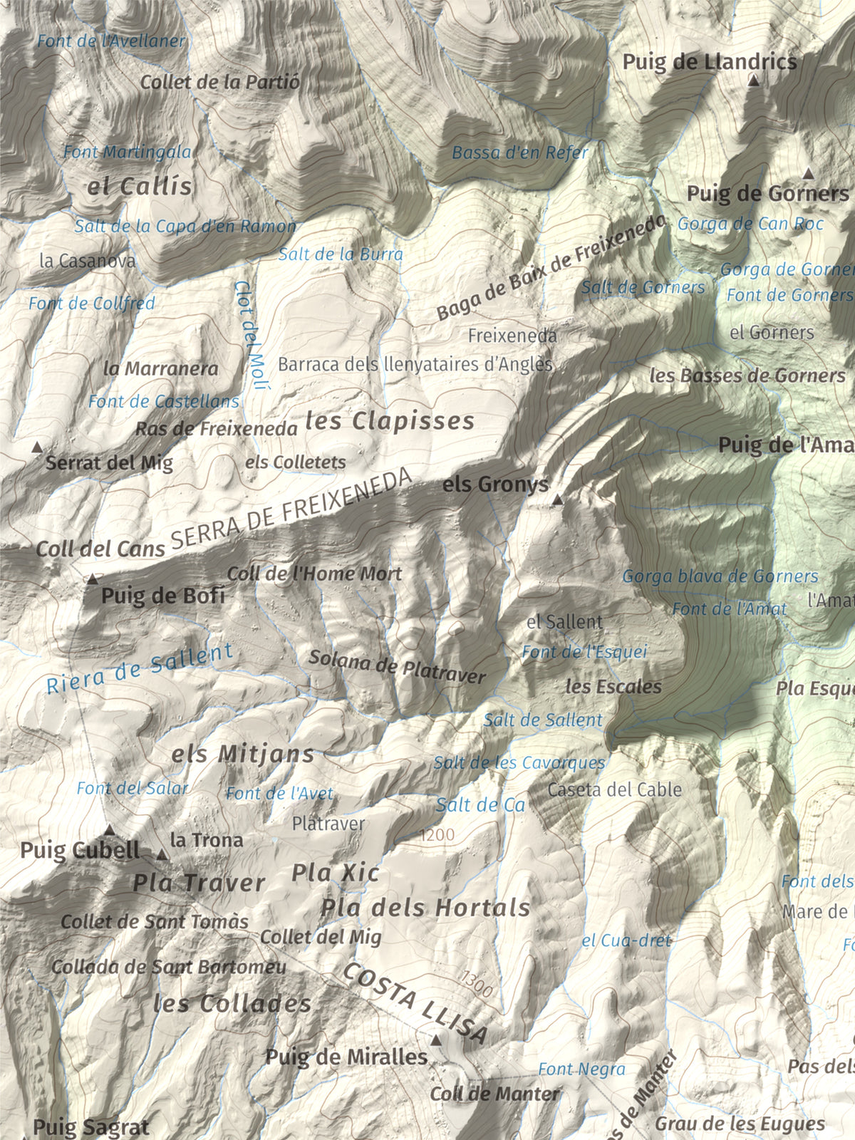 Mapa de relieve de Puigsacalm, 1514 m, Garrotxa, lámina 100 Cims de Trobart. Detalle de la zona superior izquierda. 30 × 40 cm.