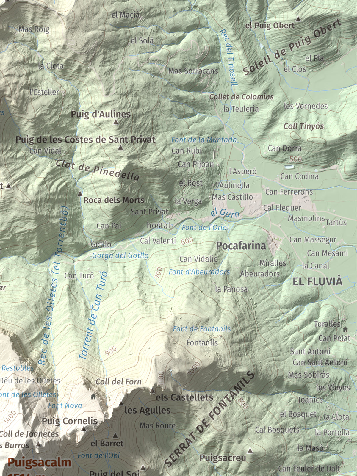 Mapa de relieve de Puigsacalm, 1514 m, Garrotxa, lámina 100 Cims de Trobart. Detalle de la zona superior derecha. 30 × 40 cm.
