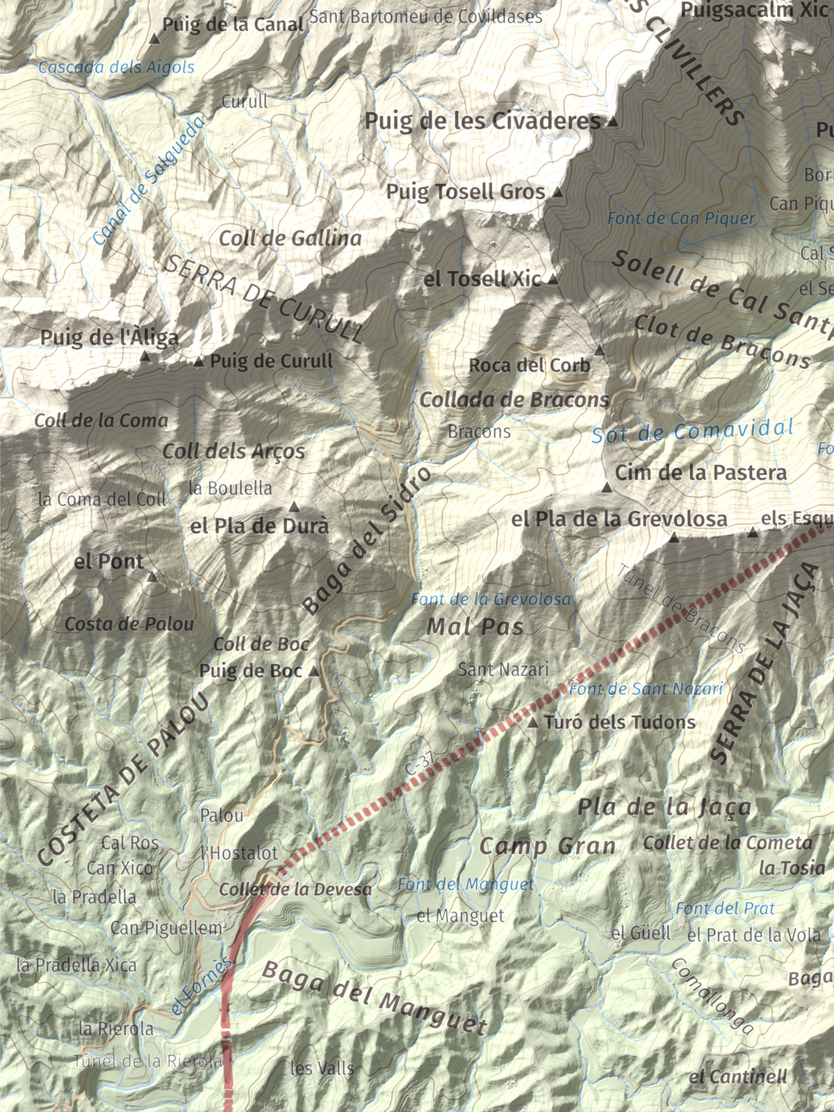 Mapa de relieve de Puigsacalm, 1514 m, Garrotxa, lámina 100 Cims de Trobart. Detalle de la zona inferior izquierda. 30 × 40 cm.