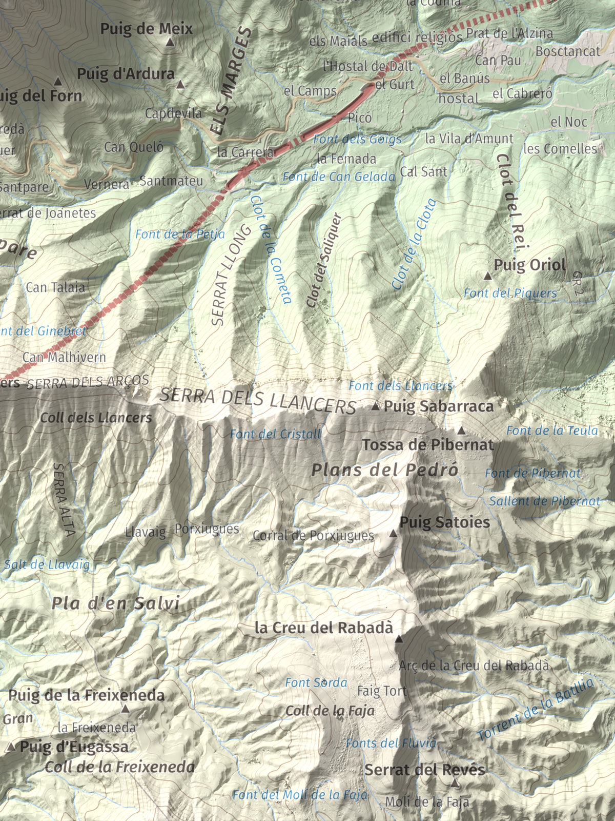 Mapa de relieve de Puigsacalm, 1514 m, Garrotxa, lámina 100 Cims de Trobart. Detalle de la zona inferior derecha. 30 × 40 cm.